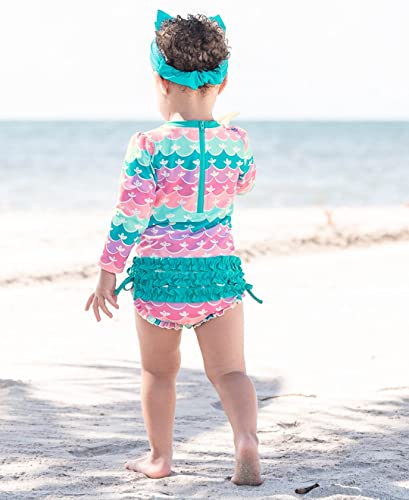 Image of RuffleButts Baby Girls UPF 50+ Sun Protection Floral Printed Long Sleeve One Piece Rash Guard Swimsuit with Zipper