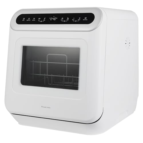 Russell Hobbs Lavavajillas de mesa Mini compacto con 3 ajustes de lugar, pantalla LED, control táctil, 6 programas, portátil y eficiente, función de autolimpieza, sin fontanería en blanco RH3TTDW0D1W