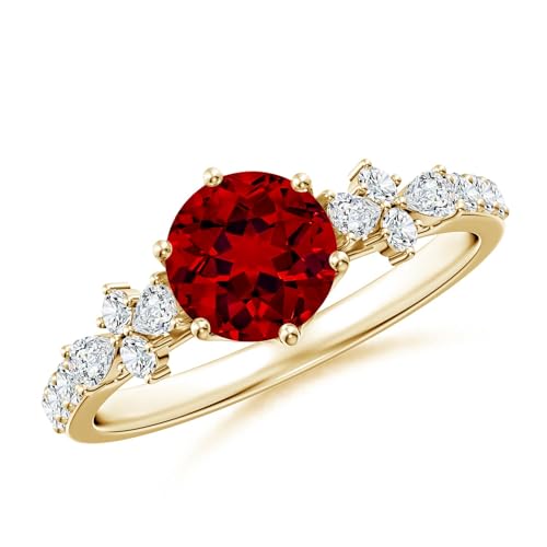 Angara Lab Grown Round Ruby Side Stone Engagement Ring with Accents in 14K Solid Gold/Platinum | July Birthstone, Birthday, Anniversary, Wedding Jewelry Gift for Women