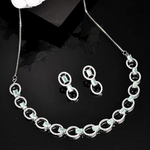 Image of ZENEME Rhodium-Plated American Diamond Studded Disc-Shaped Necklace With Earrings Jewellery Set For Girls and Women