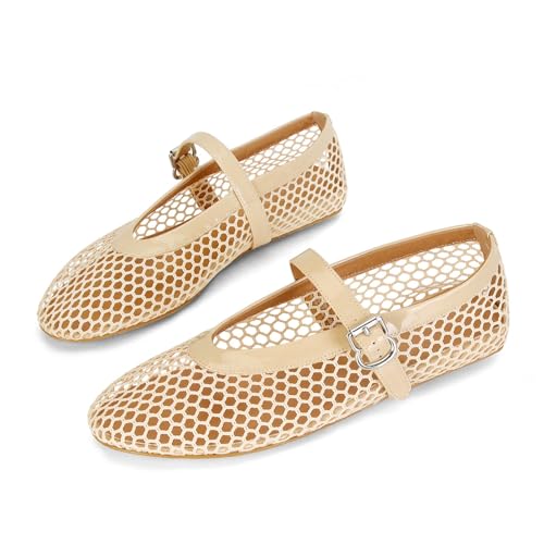 MICIFA Women's Mesh Ballet Flats Fishnet Ballerina Flats Buckle Strap Mary Jane Flats Causal Daily Dress Shoes Nude