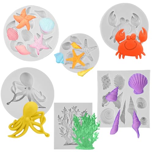 6 peças 3D marinha animais moldes de silicone, molde conchas do mar, silicone Fondant 3D marinha animais, concha, estrela do mar, desenhos de corais, bolos, bolos, madalenas, chocolate