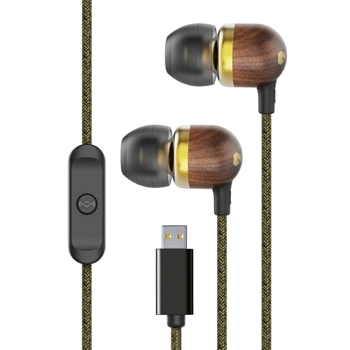 Marley House of Smile Jamaica USB-C Kopfhörer kabelgebunden mit 9,2-mm-Treiber – Nachhaltige In-Ear-Kopfhörer mit Kabel, verwicklungsfrei, integriertes Mikrofon für Musik & Anrufe, Brass