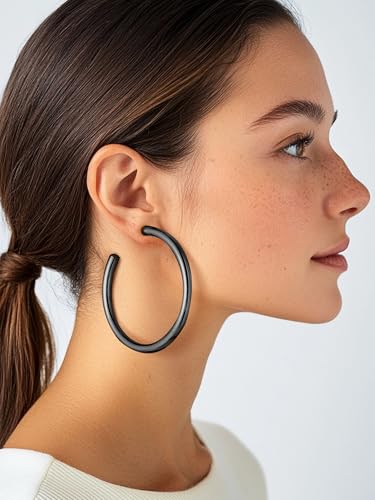 Image of Stainless Steel Chunky Hoop Earrings For Women, Minimalist and Chic, Black /Gold Plated, Round Hoops Earrings Hypoallergenic, Size: 30mm /40mm /60mm /80mm, Come with Box