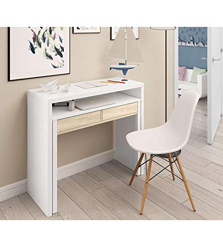 Miniatura 8 de Habitdesign Mesa Escritorio Extensible, Mesa Estudio, Consola, Color Blanco Artik Y Roble Canadian, Medidas: 98,5 Cm Largo X 36-70 Cm Fondo X 87,5 Cm Alto