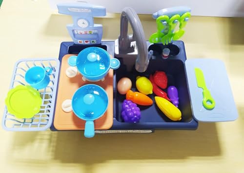 Image of Electric Kitchen Play Sink with Water Circuit, Dishwasher, Toys with Simulated Tap and Included Kitchen Accessories for Children (Blue)