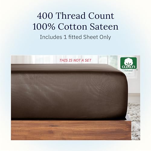 California Design Den 100% Cotton Fitted Sheet Full Only, 400 Thread Count Sateen, Deep Pocket, No Pop-Off Elastic, Soft, Durable, 1 Pc Cotton Mattress Fitted Sheet (Espresso Chocolate Brown)