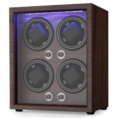 Domivans Watch Winder for Automatic Watches,4 Wooden Watch Rotating Case with LED Light,4 Rotation Modes,Elastic Watch Pillows Quiet Mabuchi Motor