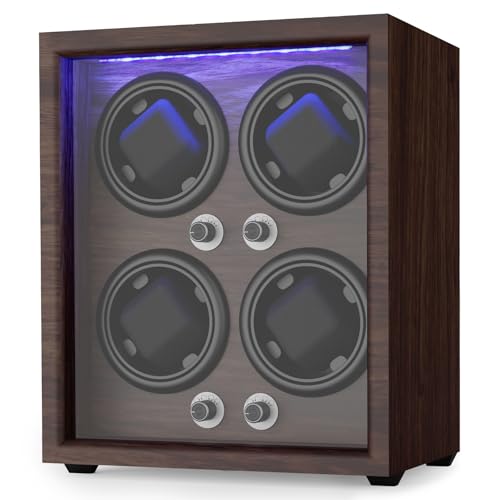 Domivans Watch Winder for Automatic Watches,4 Wooden Watch Rotating Case with LED Light,4 Rotation Modes,Elastic Watch Pillows Quiet Mabuchi Motor