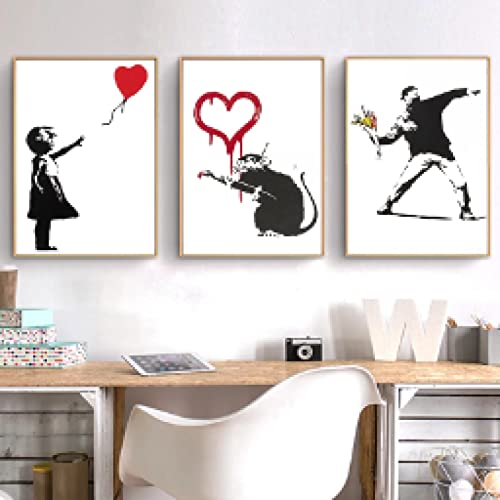 Toile Fille avec Ballon Rouge Graffiti Peinture Murale pour Grand Mur Vide Salon 60x90cm