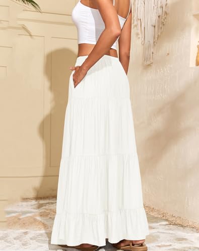 Capuffy Women Summer Boho Flowy Swing Maxi Skirt Tiered A-Line Skirts Elastic Waist Ruffles Pleated Beach Skirt with Pockets2