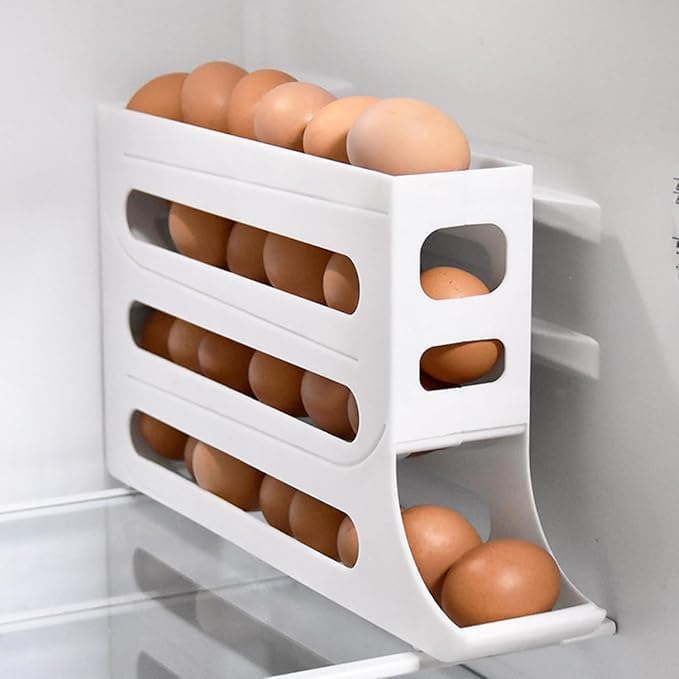 DKP Automatic Egg Dispenser Box, 4-Tier Egg Storage Box for Fridge, Holds upto 30 Eggs, Egg Rolling Dispenser for Easy Access, Ideal Egg Tray Box for Organized Storage (White)