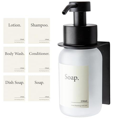 Designfabrik Hamburg | Glas Seifenspender mit Wandhalterung selbstklebend | Edelstahl-Pumpspender für Flüssigseife | Spülmittelspender ohne Bohren | mit Wandhalter | Schwarz/Frost