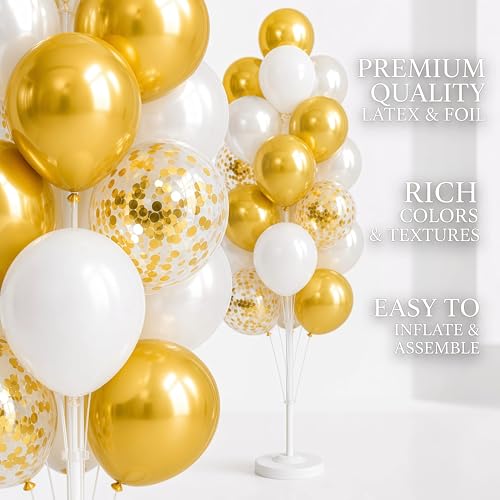 Image of Hiins Balloon Column Kit Set of 2 With Metallic Gold Confetti&White Balloons - with Base,Pole,Balloon Tower Decoration for Graduation Wedding,Baby Shower,Birthday Party,Bachelorette Party