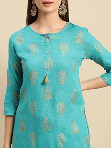 Image of rangita Turquoise Rayon Calf Length Printed Straight Kurti for Women | Kurta for Women