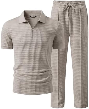JMIERR Mens Summer Outfits 2 Piece Short Sets Beach Waffle 1/4 Zi...