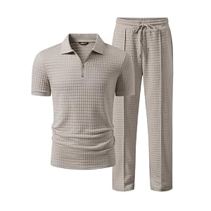 JMIERR Mens Summer Outfits 2 Piece Short Sets Beach Waffle 1/4 Zip Polo Shirts Casual Loose Pant Loungewear