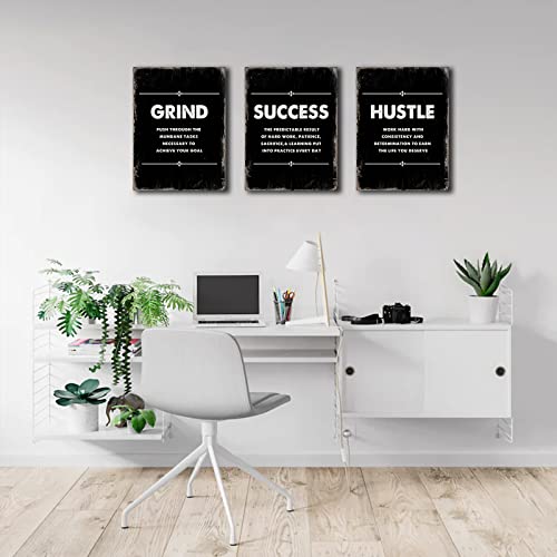 Framed Canvas Inspirational Quotes Wall Art, Hustle Grind Success Wall Art Set, Black Large Poster, Motivational Posters For Office, For Home Office Workplace, (12"X16", Set Of 3, Frame) #TOP6