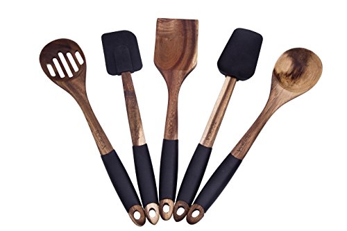 Tooksa- Premium 5 Piece Acacia Multi-Toned Light And Dark Wooden Spoon, Turner And Spatula Utensil Set With Silicone, Rubber, Non-Slip Handles (Black) #TOP1