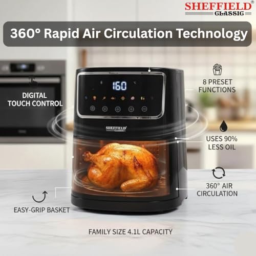 Sheffield Classic 4.1L Air Fryer, 1400W Digital with 8 Presets for Easy Cooking - Fry, Grill, Roast, Bake, Uses 90% Less Oil, Family Size, One-Touch, 360° Circulation, Black - Best for Gifting view 2