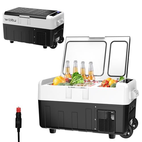 WOLTU Nevera Eléctrica para Coche 30 L, Mini Refrigerador Portatil con Ruedas y Asa de Transporte, Nevera Portatil para Coche de Compresor, 12/24 V y 100-240 V, 2 Modos de Trabajo, Negro, KUE013wsz