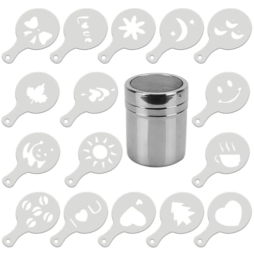 1Pcs Chocolate Shaker with 16 Coffee Stencils - Stainless Steel Mesh Powder Shaker for Decorating Cappuccinos and Cakes