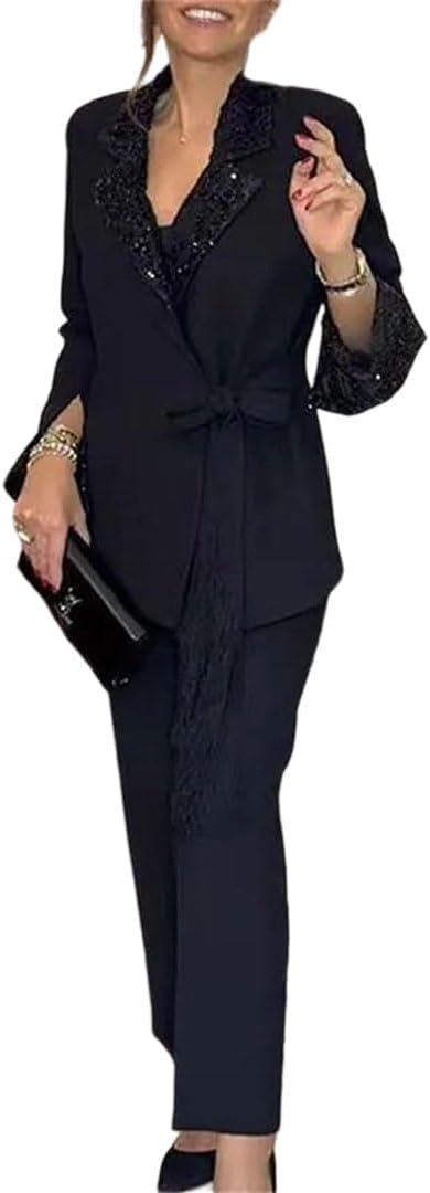 Women's Lapel Long Sleeved Jacket Pants Suit Elegant Solid Color Office Outfit Shining Sequin Patchwork Party Set