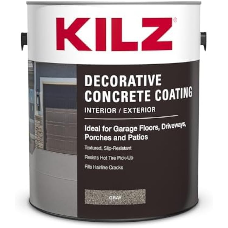 KILZ Decorative Concrete Coating, Slip-Resistant Gray Paint with Stone-Like Speckled Finish, Interior/Exterior Use on Garages, Patios, Driveways, Pool Decks & Walkways, 1 Gallon
