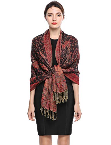 EASE LEAP Elegante Bufanda Estampada para Mujer Lujoso Chal Cálido con Borla Suave Pashmina Estilo Paisley Étnico Uso en Otoño Invierno 200*70cm/(5-Negro rojo) Cover