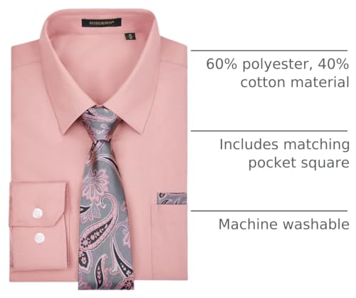 Image of HISDERN Mens Dress Shirt with Tie Pocket Square Set Classic Button Down Shirt Matching Tie Long Sleeve Shirts