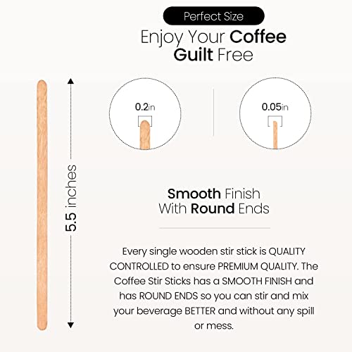 Image of Coffee Stirrers Disposable Wooden Coffee Stir Sticks - Round-End Birchwood 5.5 Inches Large Wooden Stir Sticks - Pack of 500