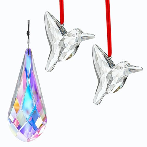 H&D HYALINE & DORA Crystal Suncatcher Prism Window Hanging Ornament and Set of 2 Crystal Hummingbird Suncatchers Rainbow Glass Hummingbird Sun Catcher Hanging Crystals for Window Garden Home Decor