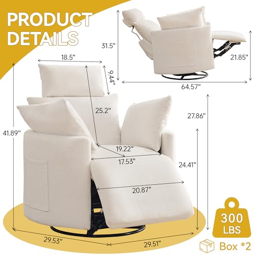 Image of Manual Rocking Chair Nursery, 360 Swivel Recliner Chair with Side Pocket, Glider Reclining Chair for Adults Small Space, Barrel Recliners with 2 Pillows for Living Room, Chenille White