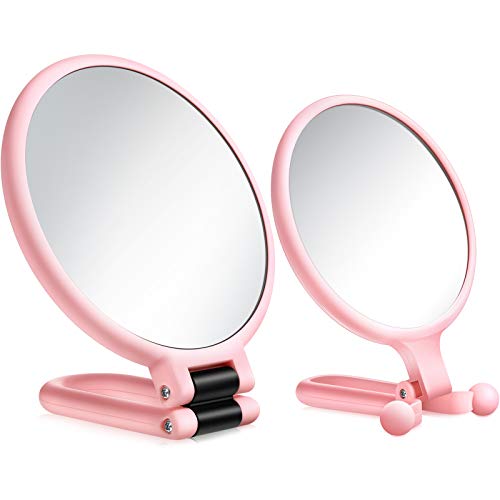 WILLBOND 2 Pieces 15x Magnifying Handheld Mirror and 10x Travel Makeup Mirror, Folding Double Sided Pedestal Mirror Hand Mirror with 1/ 15x 1/ 10x Magnification (Pink)