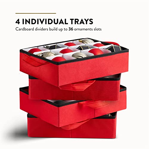 Zober Premium Christmas Ornament Storage Box For Large Ornaments With Trays- 4-Inch Compartment - Storage Container Hold 36 Holiday Ornaments—Tear-Proof 600D Oxford (Red, Ornament Box With Trays) #TOP2