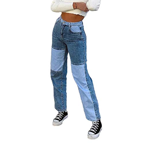 Viatabuna Patchwork Jeans for Women High Waisted Straight Leg Stretch Denim Pants Girls Fashion Color Block Patch Jeans Blue