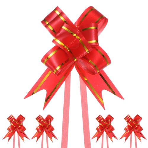M METERXITY 100-Pack Ribbon Pull Bows, 2.56 Inch / 6.5cm Plastic Gold Edge Ribbon Bows for Gift Wrapping/Wedding/Flowers/Baskets Decorations, Satin Pull Bows [Red Gift Bow]