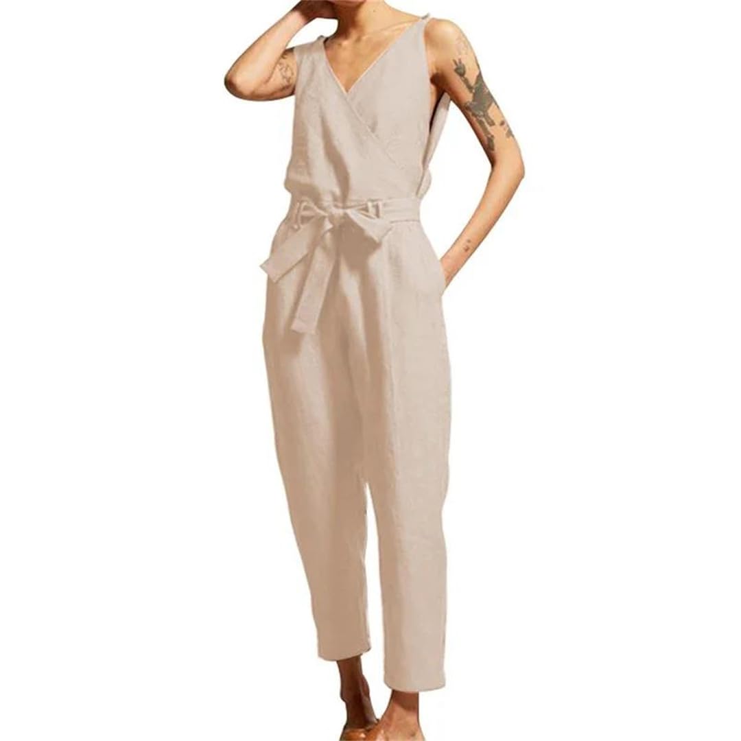 Yeuyyben Tuta da donna in cotone e lino senza maniche con scollo a V a gamba larga con coulisse in vita casual vestibilità ampia taglie pagliaccetto estivo