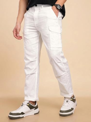 Image of Vogaan Men Cotton Linen Blend Cargo Pants | Mid Rise Regular Fit Casual Trousers | Multi Pocket Utility Bottom Wear | Comfortable Breathable Fabric Travel Outdoor Styling