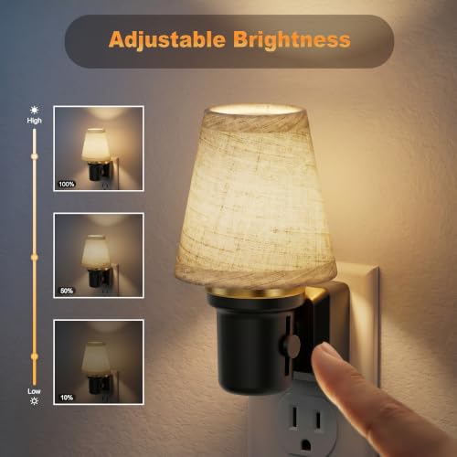 Image of JandCase LED Night Lights Plug into Wall, Linen Fabric Round Vintage Nightlight, Decorative Night Light with Dusk to Dawn Sensor, 0-100LM Dimmable, for Bedroom Living Room Hallway