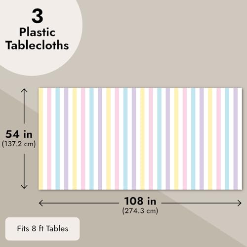 Image of BLUE PANDA 3-Pack Pastel Striped Party Tablecloths - 54 x 108 Inch Rectangular - Disposable Plastic Table Covers for Ice Cream Party Decorations & Kids Birthday Photo Backdrop