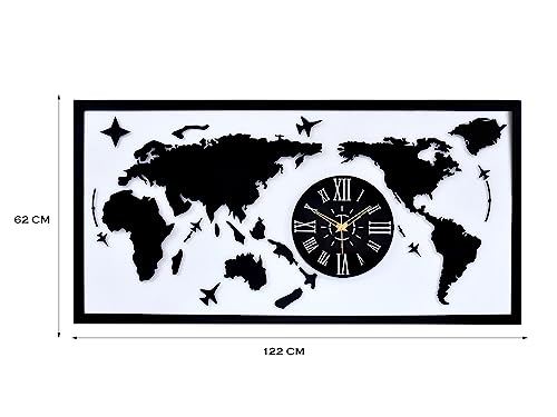 Image of METSYMetal Laser Cut(World Map with analogue clock) Wall Hanging world map attached analogue clock with LED Strip Lighting(Bomb White Shade)(4x2) feet, Gorgeous lookings
