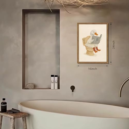 Image of Framed Duck Bathroom Wall Art, Whimsical Duck Reading on Toilet, Funny Kids Bathroom Wall Decor, Vintage Farmhouse Toilet Decor, Cute Animal Canvas Print for kids Room 16x24 inch