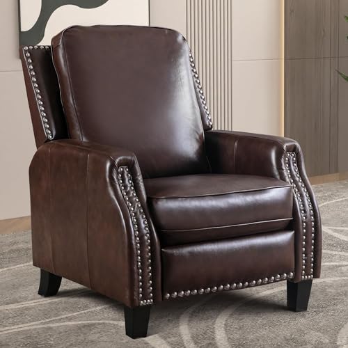 CANMOV Genuine Leather Recliner Chair, Classic and Traditional Push Back Recliner Chair with Solid Wood Legs, Adjustable Single Sofa with Nailhead Trim for Living Room, Bedroom, Brown