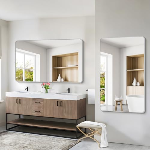 Image of 55x36 Inch Silver Bathroom Mirror, Large Rectangular Vanity Mirror, Metal Framed Rectangle Mirror, Rounded Corner Wall Mounted Mirrors for Living Room Bedroom Entryway Horizontal or Vertical