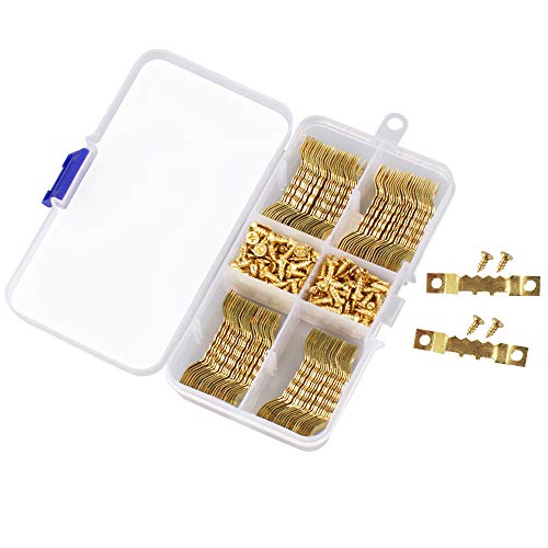 Juego de 100 Pcs Ganchos para Colgar Fotos Marco de Fotos Ganchos Durable para Colgar Pared 200 Pcs Tornillos con Caja de Almacenamiento (Dorado)