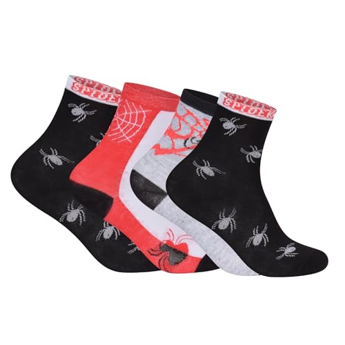 Candid Styles® Pack of 6 Kids Boys Girls Summer Multi-Print Crew Socks, Children Funky Novelty Sports Casual Daily Fun Cute Sock (Spider, 9-12)