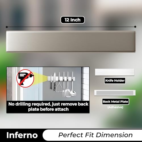 Image of INFERNO 12 Inch Magnetic Knife Strip - Heavy-Duty Wall Mount Knife Holder, No Drill Adhesive, Multi-Purpose Kitchen Organizer