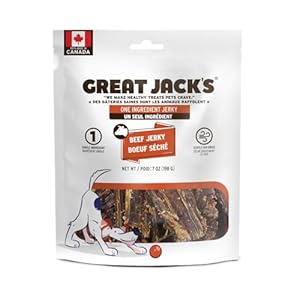 Great Jack’s Dog Treats Pouch Beef Jerky Sticks Air-Dried Fully Digestible Dog Food Snacks with Single Ingredient Made in Canada for Your Furry Friends, 198g