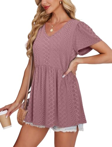 Image of OFEEFAN Womens Summer Tops Babydoll Short Sleeve Shirts Puff Sleeve Peplum Tops V Neck T Shirts